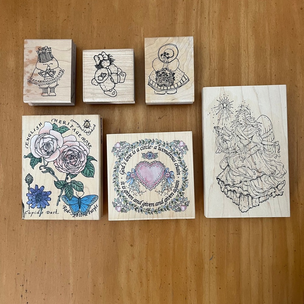 Craft Stamp Lot Angel Rose Heart Butterfly Whimsical Rubber Stamps Wood Mounted
